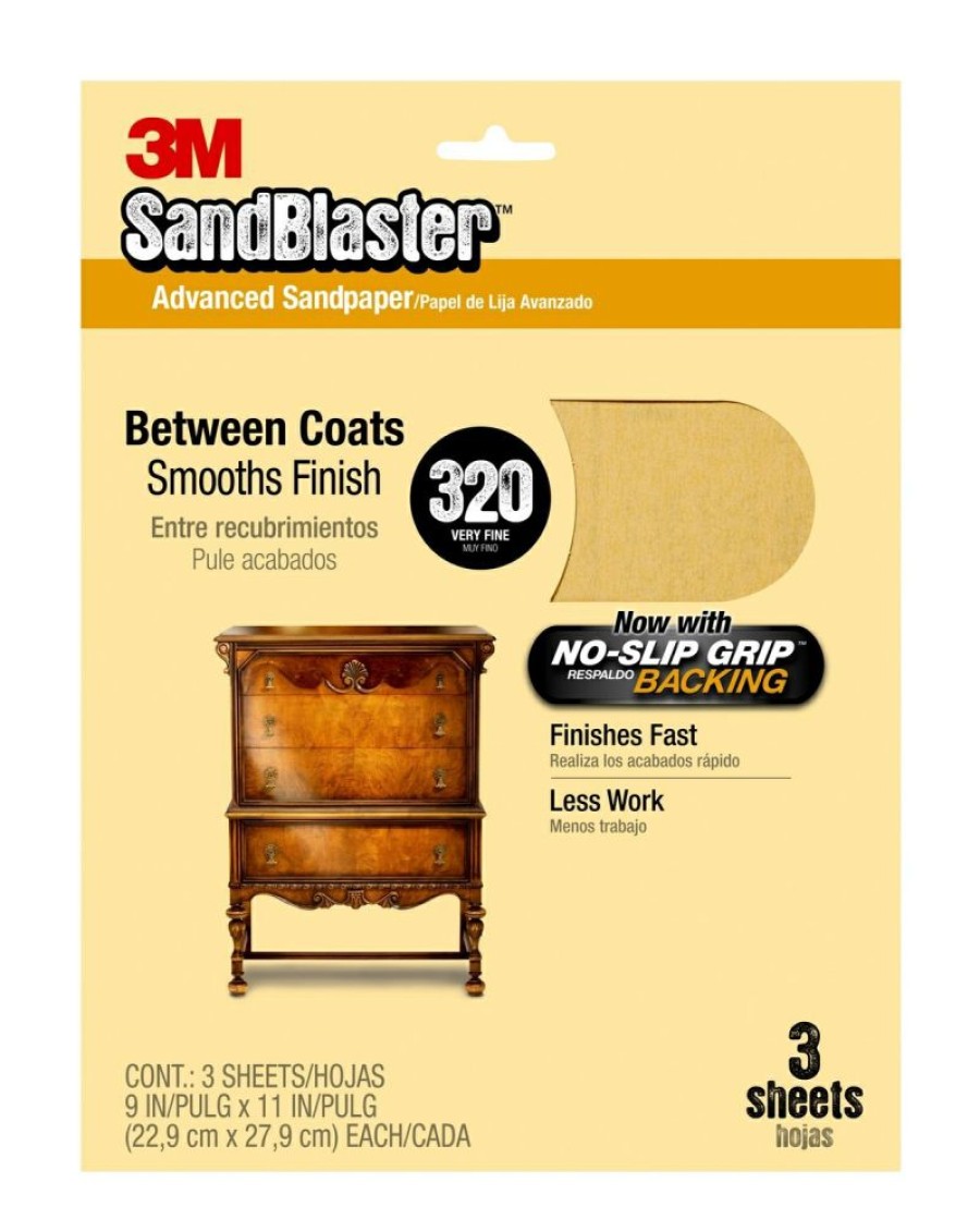 3M Sandblaster Sandpaper With No-Slip Grip, 11 X 9 , 320 Grit 3 Pack | * Wholesale